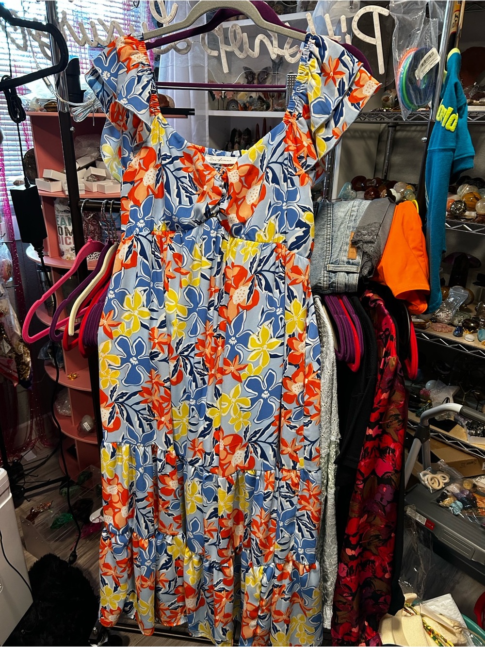 Source Unknown Blue Floral Tiered Sundress with Orange & Yellow Accents